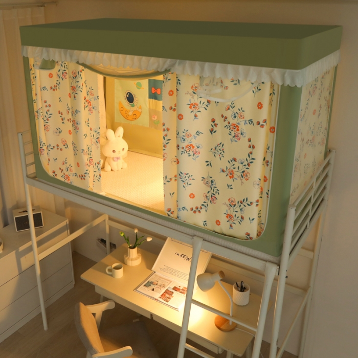 91家纺网 家纺一手货源 找家纺 迷仙巢 2023新款99％加厚遮光布涂银强遮光三开门学生蚊帐 田园-抹茶绿