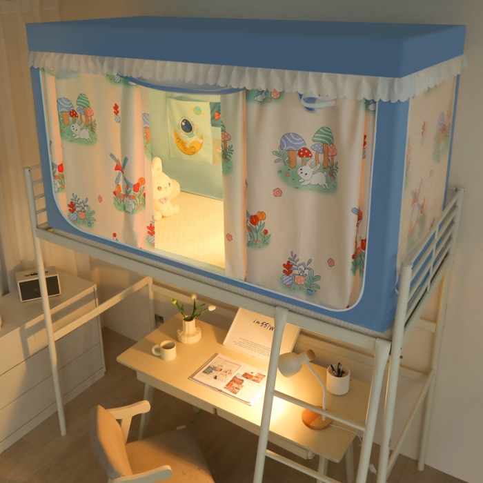 91家纺网 家纺一手货源 找家纺 迷仙巢 2023新款99％加厚遮光布涂银强遮光三开门学生蚊帐 兔兔乐园