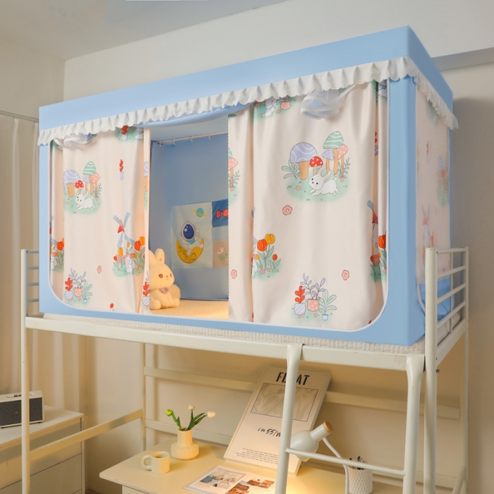 91家纺网 家纺一手货源 找家纺 迷仙巢 2023新款99％加厚遮光布涂银强遮光三开门学生蚊帐 兔兔乐园