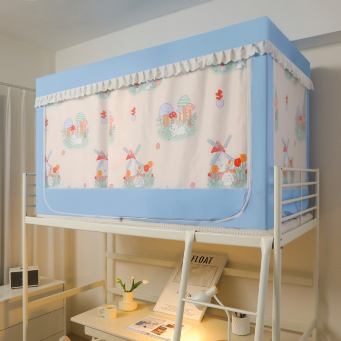 91家纺网 家纺一手货源 找家纺 迷仙巢 2023新款99％加厚遮光布涂银强遮光三开门学生蚊帐 兔兔乐园