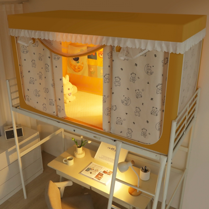 91家纺网 家纺一手货源 找家纺 迷仙巢 2023新款99％加厚遮光布涂银强遮光三开门学生蚊帐 玩具熊