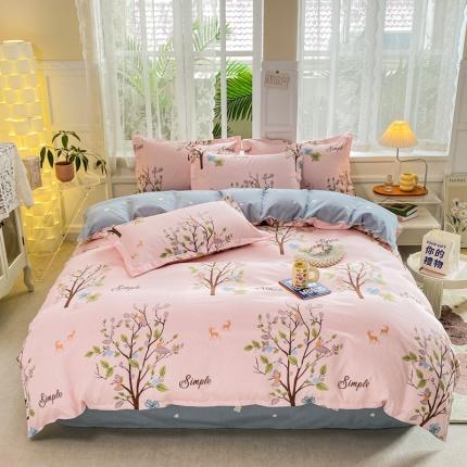 91家纺网 家纺一手货源 找家纺 红日子 2023新款斜纹磨毛印花四件套植物羊绒套件花枝叶梦