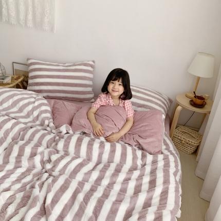 91家纺网 家纺一手货源 找家纺 萝莉家纺 2023新款ins小清新兔兔绒牛奶绒四件套 豆沙条纹