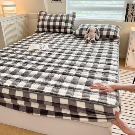 格子铺 新款无印风230克高克重牛奶绒夹棉床笠 牛奶绒款-灰中格