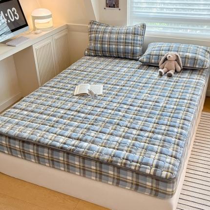 格子铺 新款无印风230克高克重牛奶绒夹棉床笠 牛奶绒款-简兮蓝