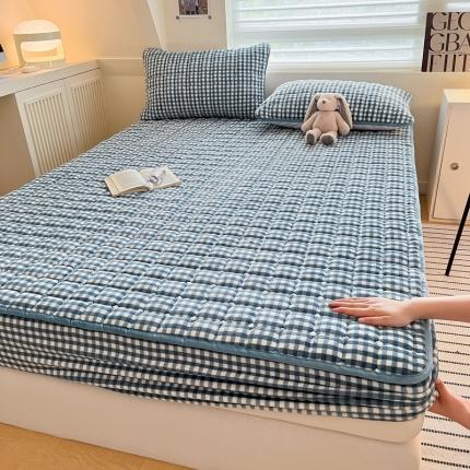 格子铺 新款无印风230克高克重牛奶绒夹棉床笠 牛奶绒款-蓝小格