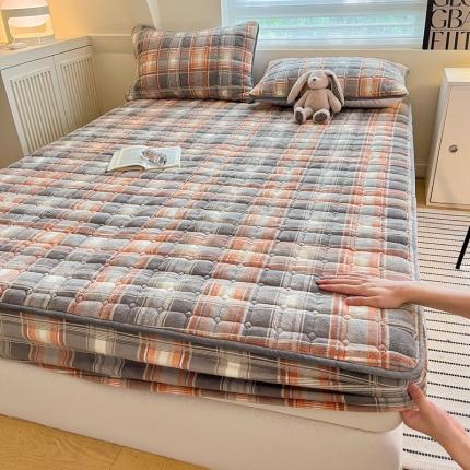 格子铺 新款无印风230克高克重牛奶绒夹棉床笠 牛奶绒款-棕咖格