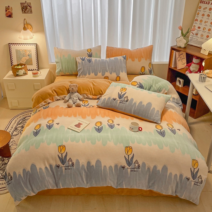 91家纺网 家纺一手货源 找家纺 大渔生活 2024新款牛奶绒印花系列四件套 梦田