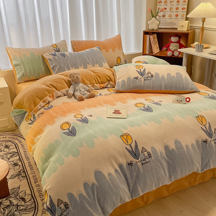 91家纺网 家纺一手货源 找家纺 大渔生活 2024新款牛奶绒印花系列四件套 梦田