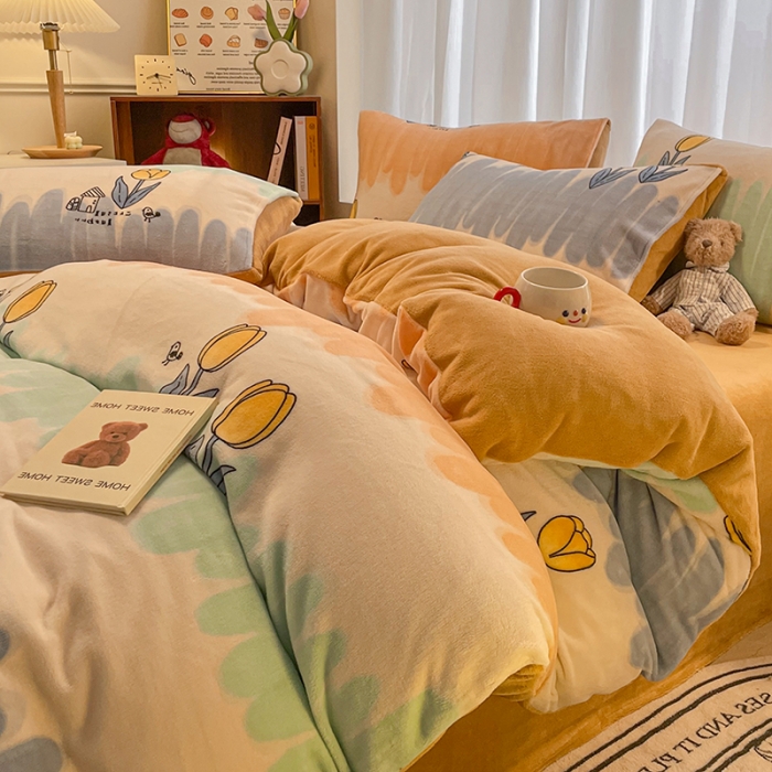 91家纺网 家纺一手货源 找家纺 大渔生活 2024新款牛奶绒印花系列四件套 梦田