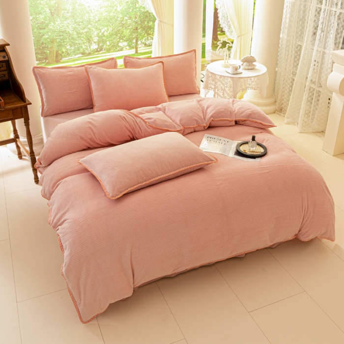 91家纺网 家纺一手货源 找家纺 邦妮 2024新款华夫格牛奶绒贝壳边四件套 华夫格-豆沙