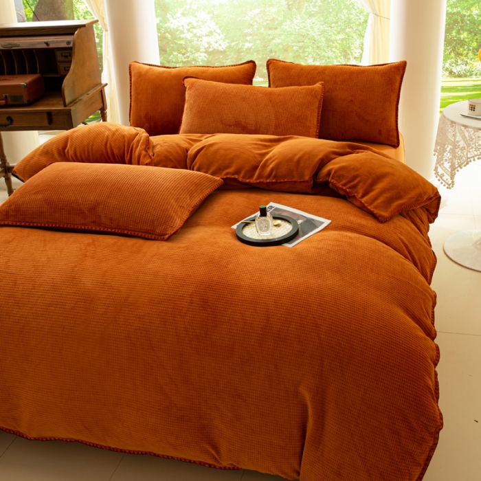 91家纺网 家纺一手货源 找家纺 邦妮 2024新款华夫格牛奶绒贝壳边四件套 华夫格-焦糖