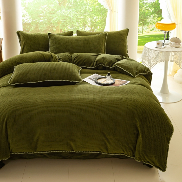 91家纺网 家纺一手货源 找家纺 邦妮 2024新款华夫格牛奶绒贝壳边四件套 华夫格-墨绿