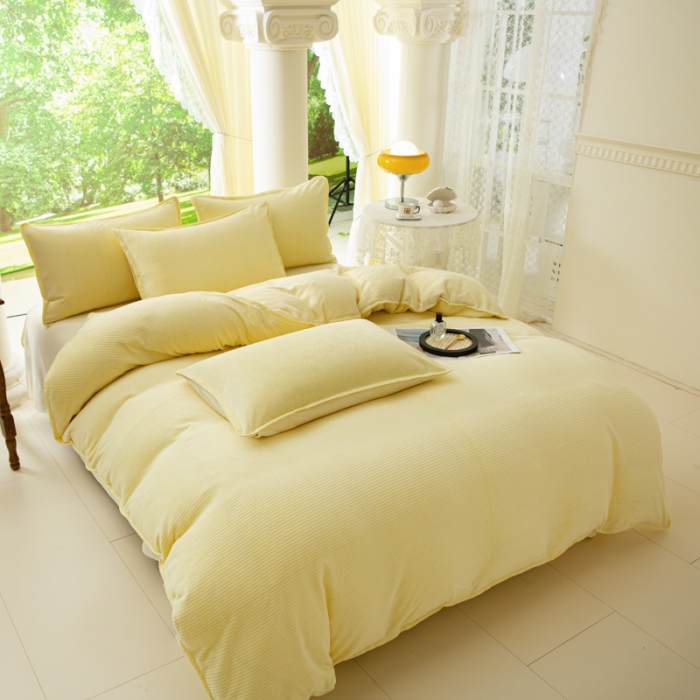 91家纺网 家纺一手货源 找家纺 邦妮 2024新款华夫格牛奶绒贝壳边四件套 华夫格-奶黄