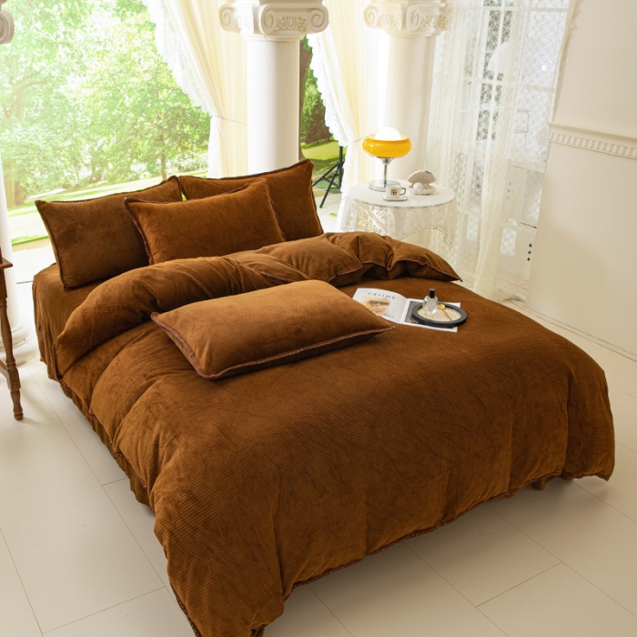 91家纺网 家纺一手货源 找家纺 邦妮 2024新款华夫格牛奶绒贝壳边四件套 华夫格-深咖