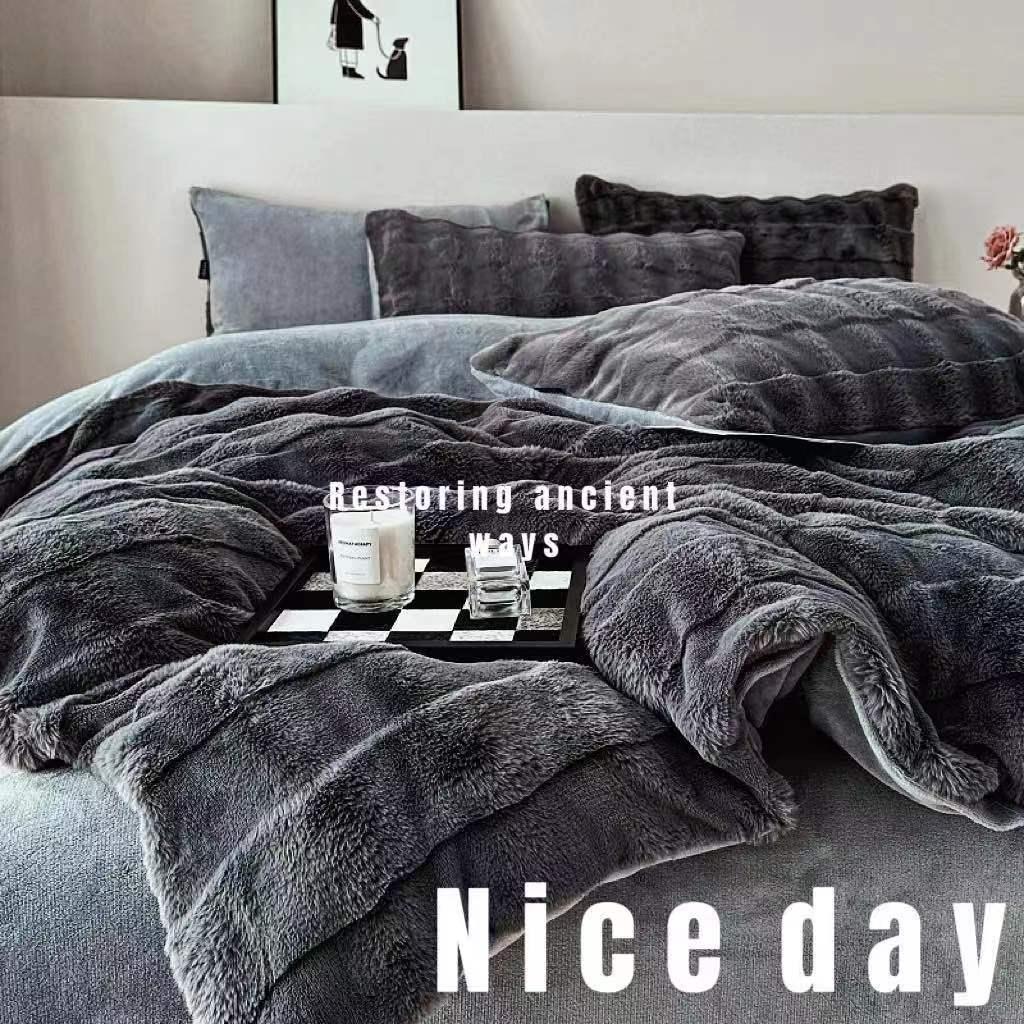 91家纺网 家纺一手货源 找家纺 乐视 2024新款兔兔绒立体剪花绒四件套 黎梦-雾霾灰