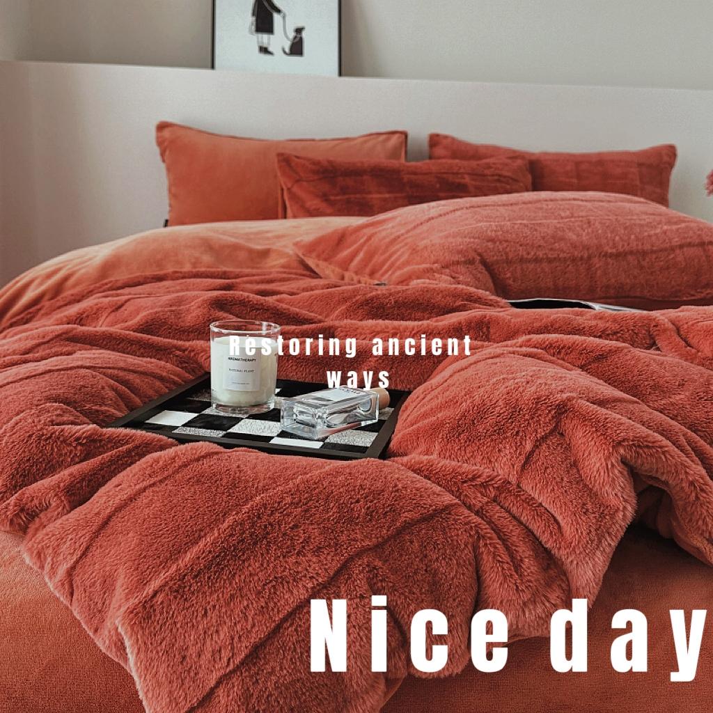 91家纺网 家纺一手货源 找家纺 乐视 2024新款兔兔绒立体剪花绒四件套 黎梦-暮日红