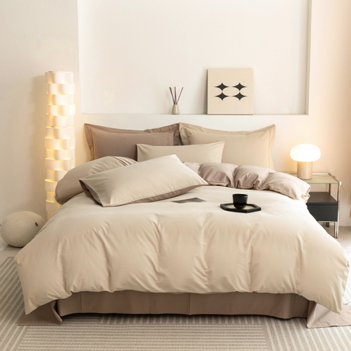 91家纺网 家纺一手货源 找家纺 寐居家纺 2023新款A类全棉磨毛纯色四件套 丝绒拿铁