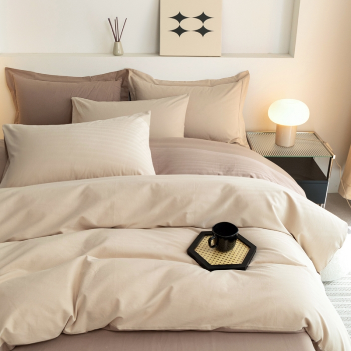 91家纺网 家纺一手货源 找家纺 寐居家纺 2023新款A类全棉磨毛纯色四件套 丝绒拿铁