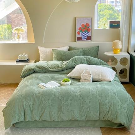 91家纺网 家纺一手货源 找家纺 六巷胡同  2023新款韩系ins小香风蝴蝶结牛奶绒四件套 空野绿