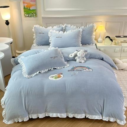 91家纺网 家纺一手货源 找家纺 （总）绒兔兔 2023韩版牛奶绒彩虹刺绣四件套