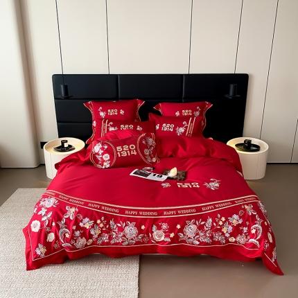 91家纺网 家纺一手货源 找家纺 用心 2023新款长绒棉婚庆四件套高端绣花简约家居 一生一世