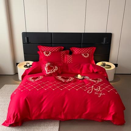 用心 2023新款长绒棉婚庆四件套高端绣花简约家居 浓情玫瑰