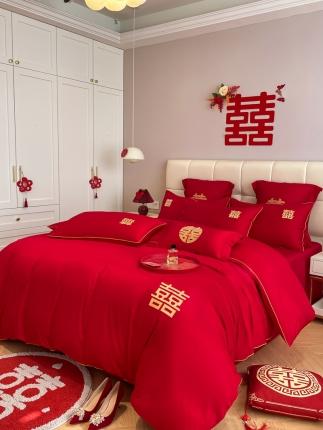 91家纺网 家纺一手货源 找家纺 欧乐蒂 2025新款亲肤刺绣婚庆四件套 双喜