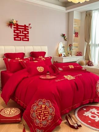 91家纺网 家纺一手货源 找家纺 欧乐蒂 2025新款亲肤刺绣婚庆四件套 吾家有喜