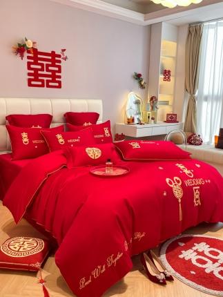 91家纺网 家纺一手货源 找家纺 欧乐蒂 2025新款亲肤刺绣婚庆四件套 喜愿