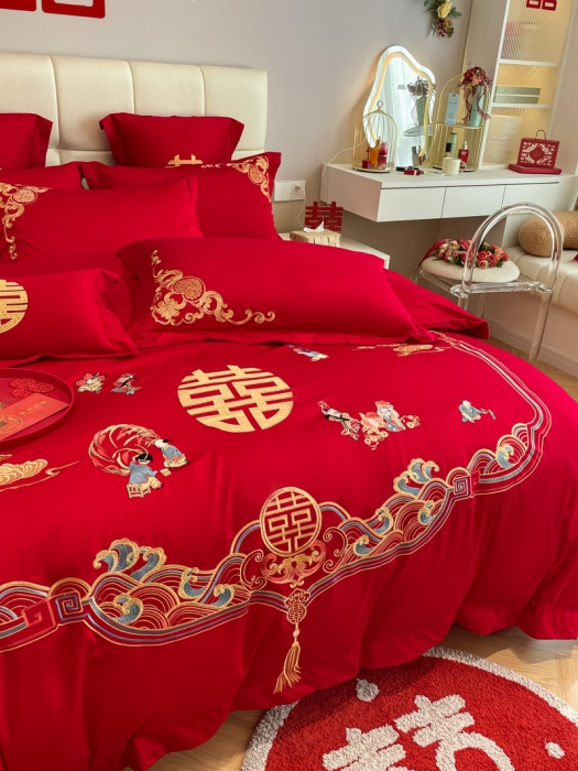 91家纺网 家纺一手货源 找家纺 欧乐蒂 2025新款亲肤刺绣婚庆四件套 百子呈祥