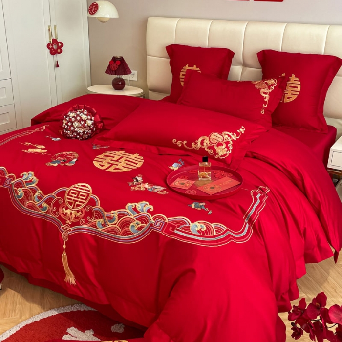 91家纺网 家纺一手货源 找家纺 欧乐蒂 2025新款亲肤刺绣婚庆四件套 百子呈祥