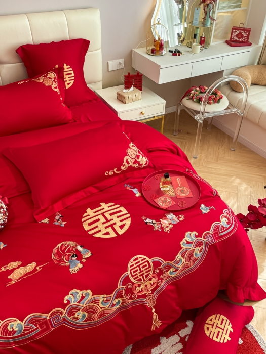 91家纺网 家纺一手货源 找家纺 欧乐蒂 2025新款亲肤刺绣婚庆四件套 百子呈祥