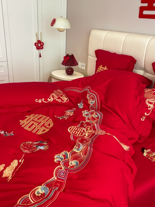 91家纺网 家纺一手货源 找家纺 欧乐蒂 2025新款亲肤刺绣婚庆四件套 百子呈祥