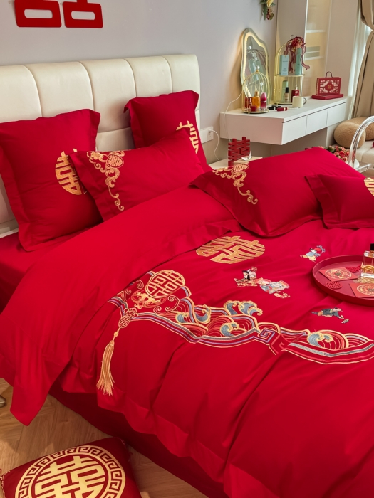 91家纺网 家纺一手货源 找家纺 欧乐蒂 2025新款亲肤刺绣婚庆四件套 百子呈祥