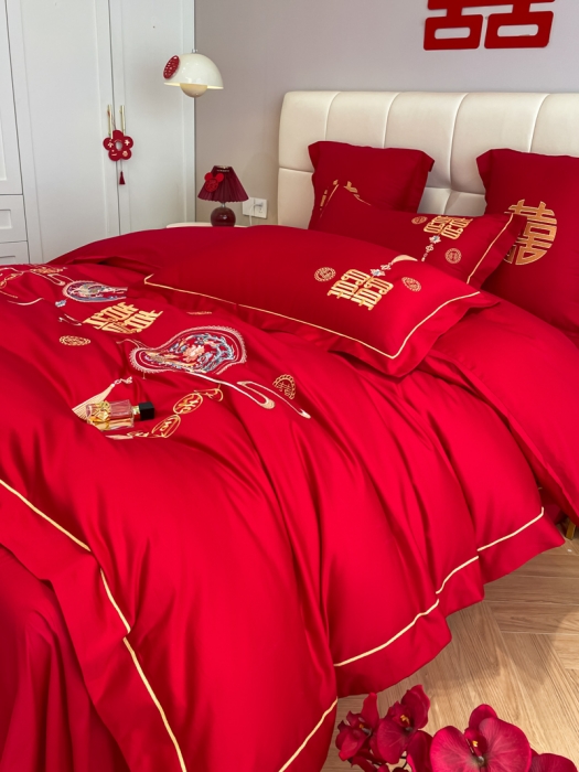 91家纺网 家纺一手货源 找家纺 欧乐蒂 2025新款亲肤刺绣婚庆四件套 龙凤情缘