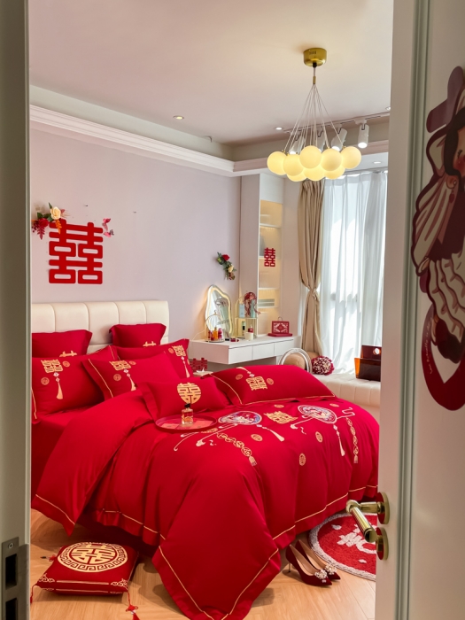 91家纺网 家纺一手货源 找家纺 欧乐蒂 2025新款亲肤刺绣婚庆四件套 龙凤情缘