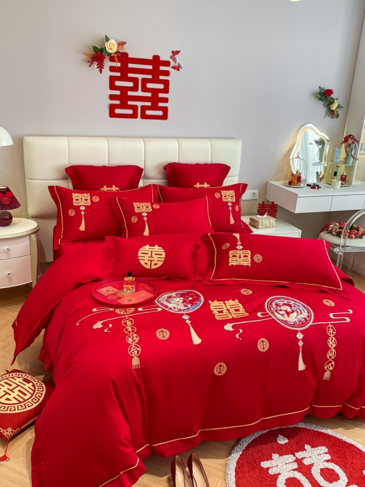 91家纺网 家纺一手货源 找家纺 欧乐蒂 2025新款亲肤刺绣婚庆四件套 龙凤情缘