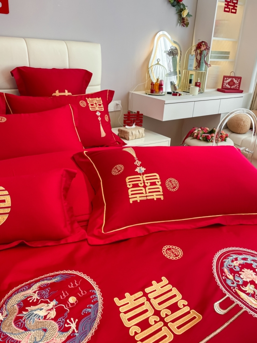 91家纺网 家纺一手货源 找家纺 欧乐蒂 2025新款亲肤刺绣婚庆四件套 龙凤情缘