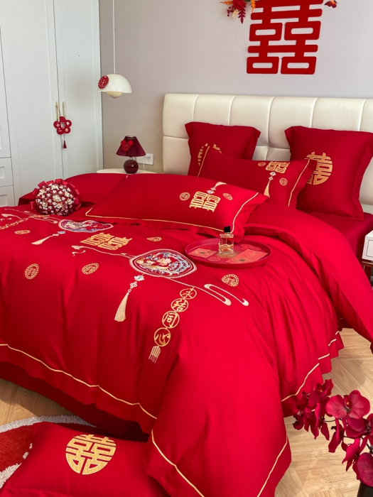 91家纺网 家纺一手货源 找家纺 欧乐蒂 2025新款亲肤刺绣婚庆四件套 龙凤情缘