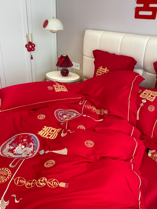 91家纺网 家纺一手货源 找家纺 欧乐蒂 2025新款亲肤刺绣婚庆四件套 龙凤情缘