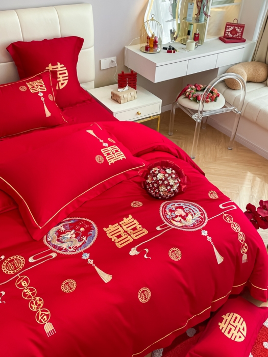 91家纺网 家纺一手货源 找家纺 欧乐蒂 2025新款亲肤刺绣婚庆四件套 龙凤情缘