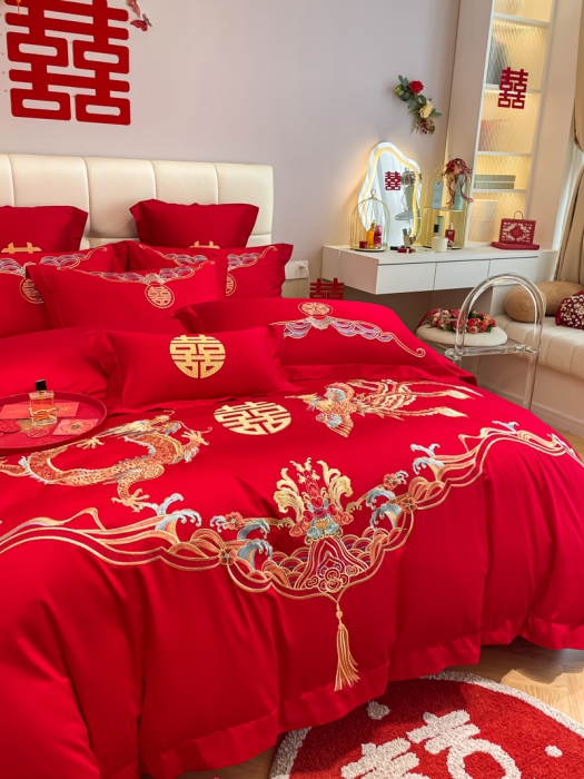 91家纺网 家纺一手货源 找家纺 欧乐蒂 2025新款亲肤刺绣婚庆四件套 龙凤祥瑞