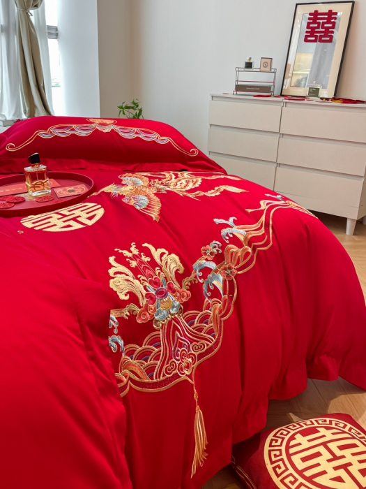 91家纺网 家纺一手货源 找家纺 欧乐蒂 2025新款亲肤刺绣婚庆四件套 龙凤祥瑞