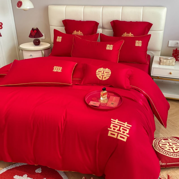 91家纺网 家纺一手货源 找家纺 欧乐蒂 2025新款亲肤刺绣婚庆四件套 双喜