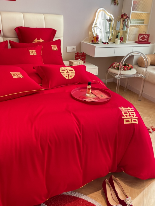 91家纺网 家纺一手货源 找家纺 欧乐蒂 2025新款亲肤刺绣婚庆四件套 双喜