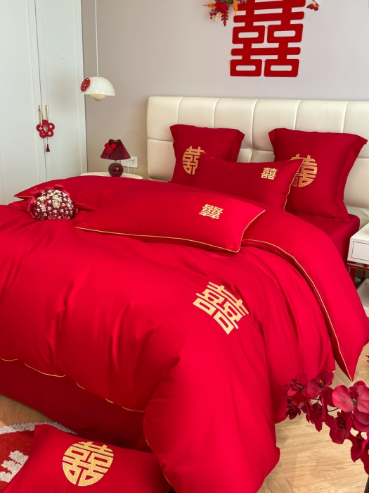 91家纺网 家纺一手货源 找家纺 欧乐蒂 2025新款亲肤刺绣婚庆四件套 双喜