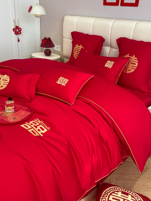 91家纺网 家纺一手货源 找家纺 欧乐蒂 2025新款亲肤刺绣婚庆四件套 双喜