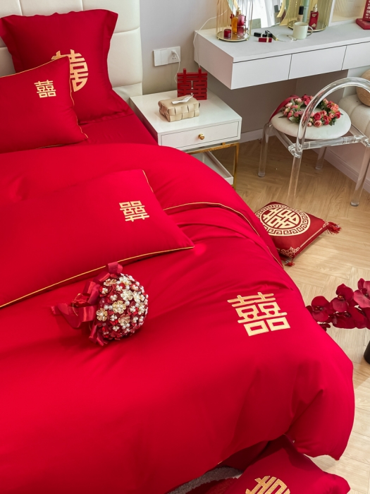 91家纺网 家纺一手货源 找家纺 欧乐蒂 2025新款亲肤刺绣婚庆四件套 双喜