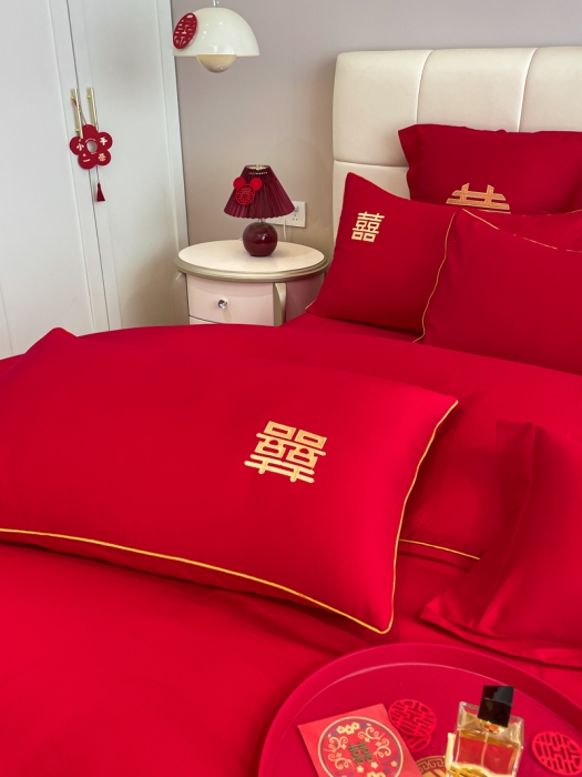 91家纺网 家纺一手货源 找家纺 欧乐蒂 2025新款亲肤刺绣婚庆四件套 双喜